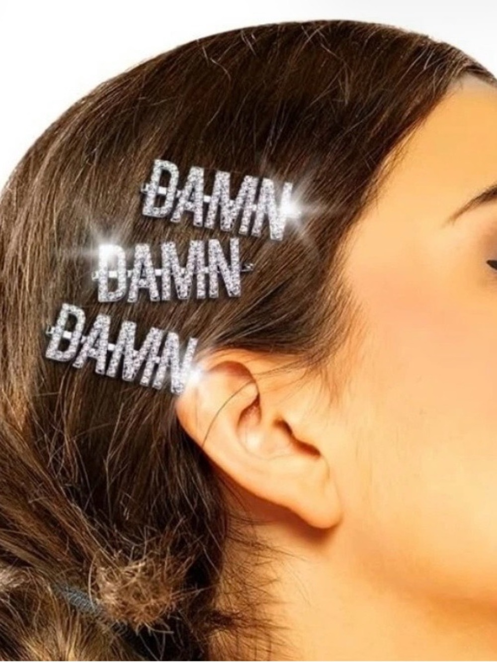 Sparkly silver Kitsch x Justine Marjan DAMN and vibes Rhinestone Bobby Pins